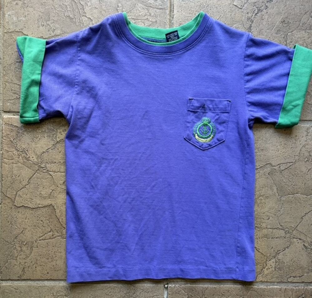 Vintage 90s Lands' End Kids Purple Green Colorblock Pocket T-Shirt USA Size 6-7